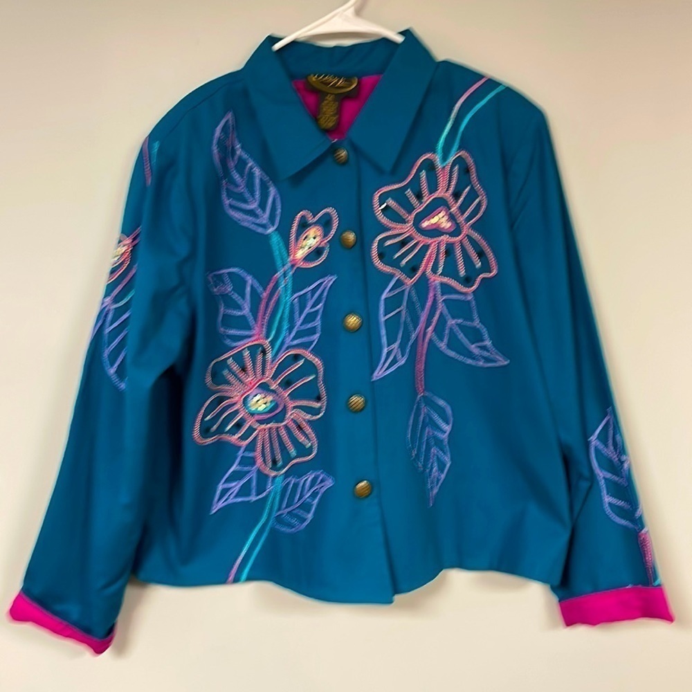 Alex Kim Floral & Applique Embroidered Jacket, PXL, deep turquoise, pink lining